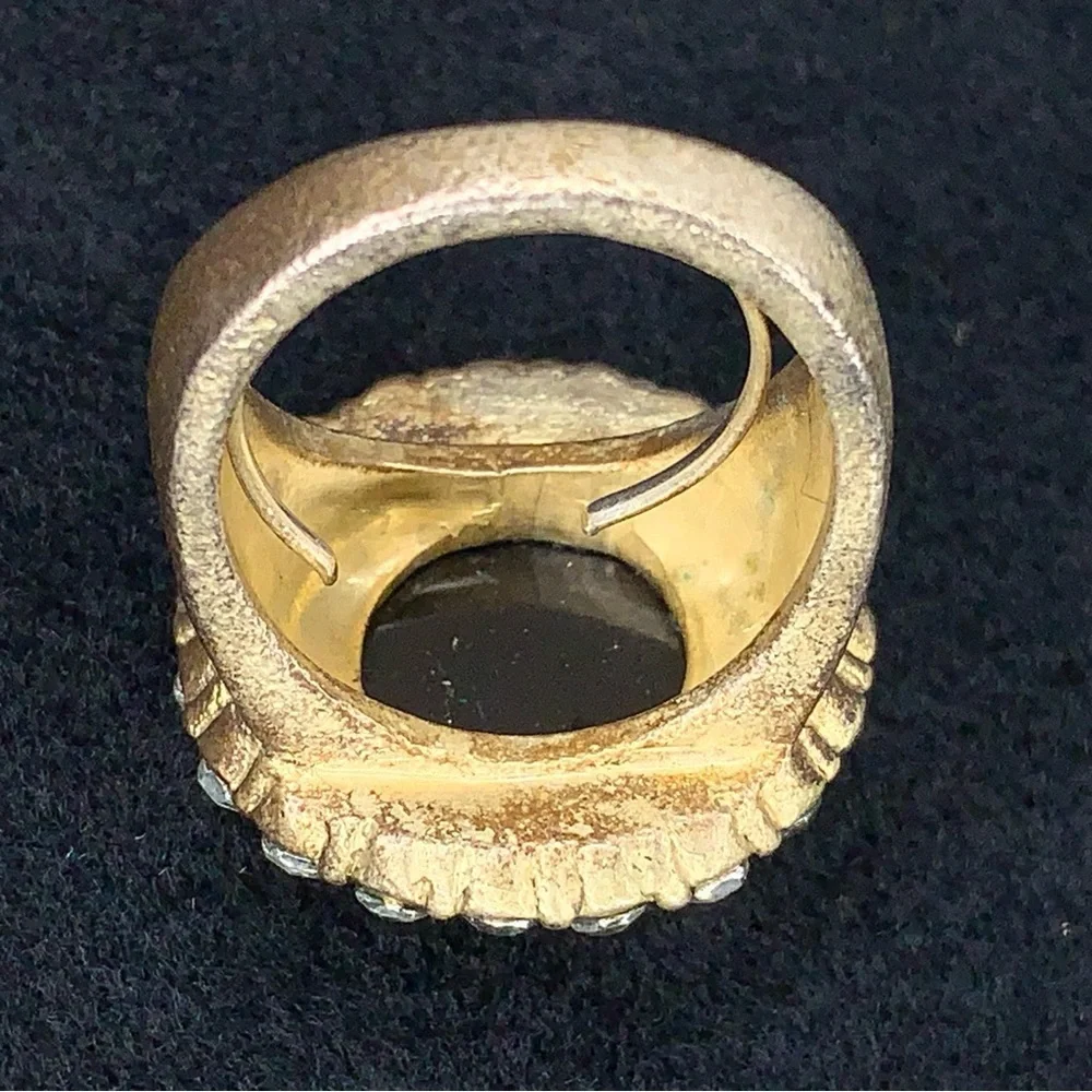 Vintage Cocktail Ring Black Silver Rhinestone Accents Adjustable Fit Goth Glam